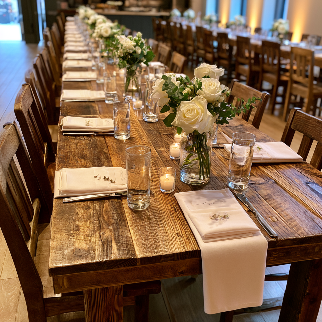 White rose bud vases on a rehearsal dinner table in St. Louis with flowers by The Flower Lab.