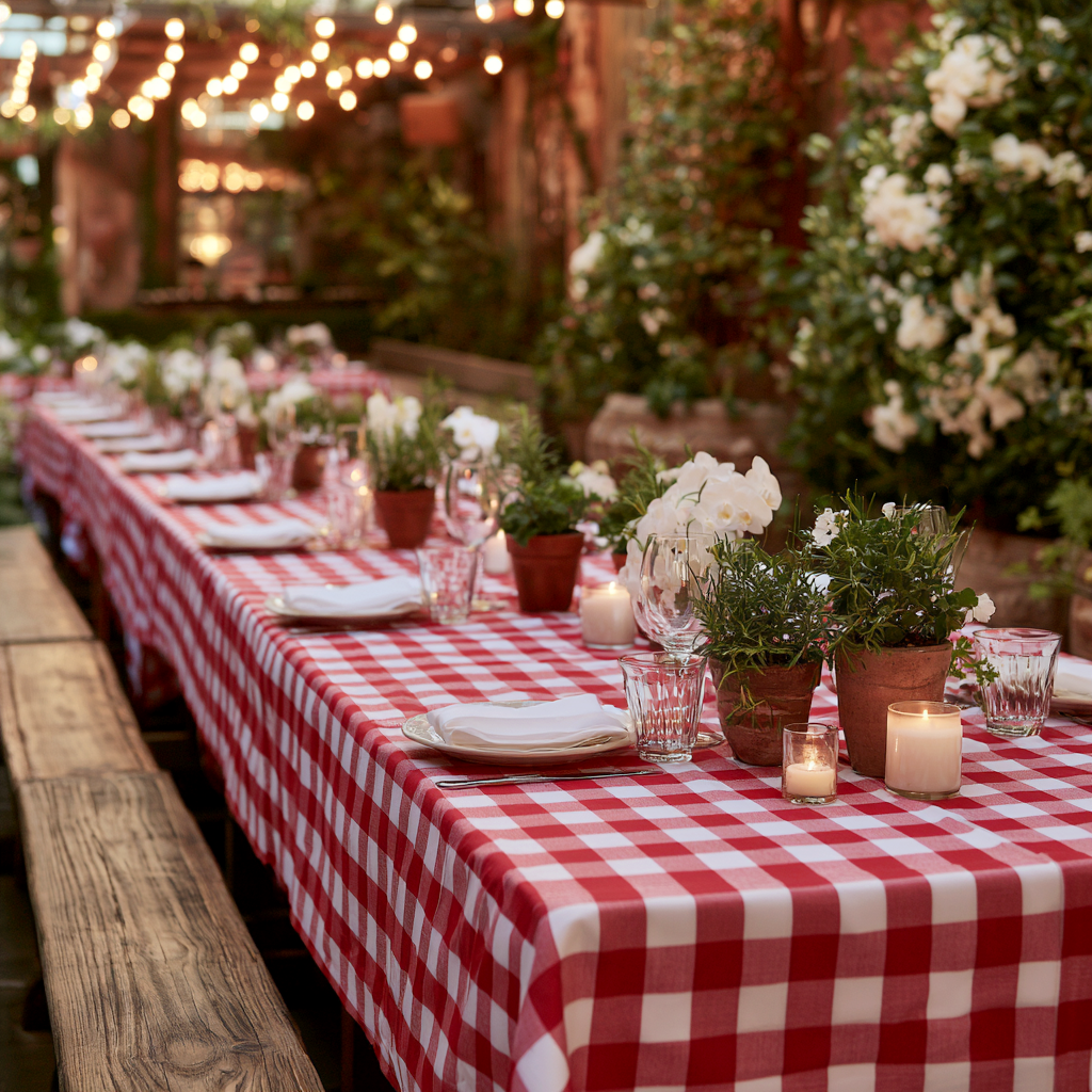 Wedding rehearsal dinner table set with white rose bud vases and potted herbs by The Flower Lab in St. Louis.