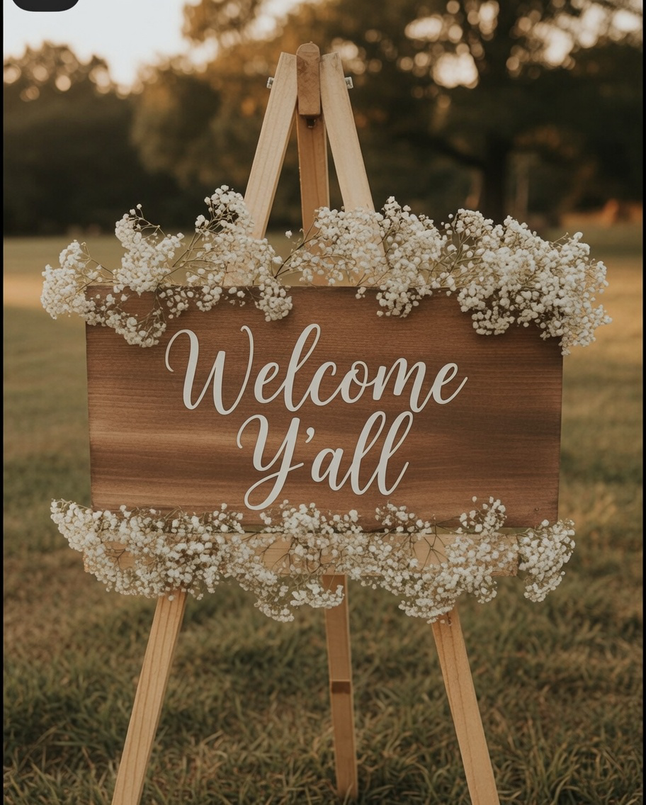 Baby's breath on a wedding welcome party sign by The Flower Lab in St. Louis.