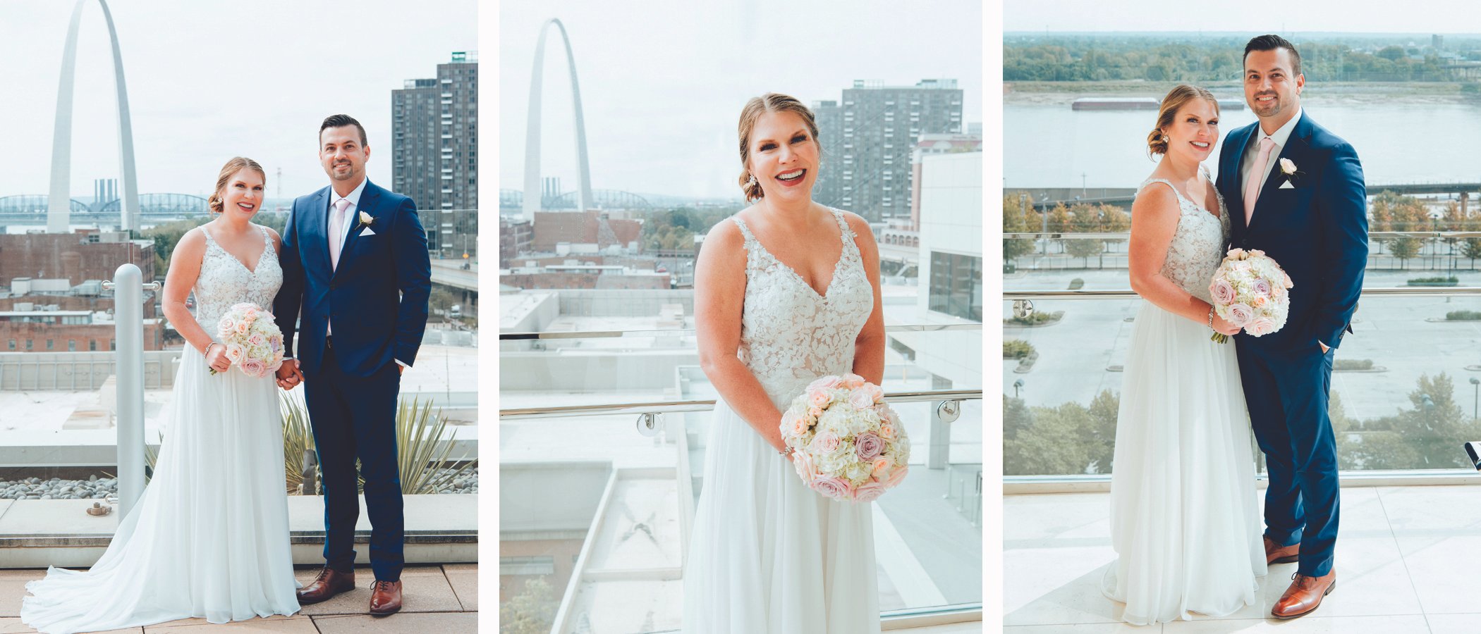 Bride and groom with the St. Louis Arch behind them on their wedding day with flowers by The Flower Lab.