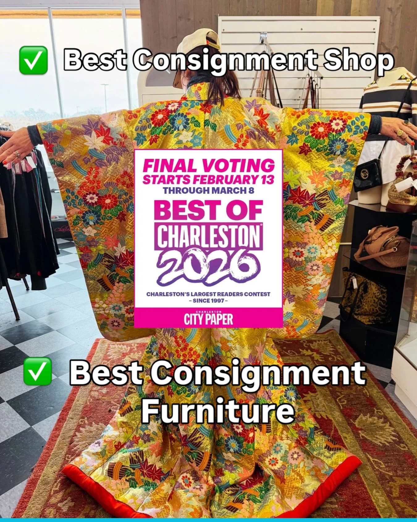 Two Categories to Vote in! We appreciate y&rsquo;all more than you know! Thank you!!
* The link is highlighted in our stories! 
#bestofcharleston #consignments #vintageshop #resalenotretail #chstoday
