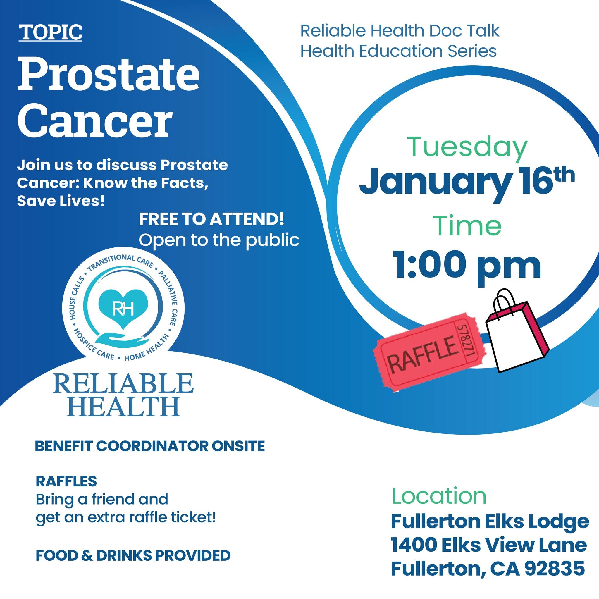Free Reliable Health Doc Talk Health Education Event on January 16th, 2024. Free for all to attend at the Fullerton Elks Lodge

#prostatecancer #prostatecancerfree #prostatecancersucks #prostatecancersurvivor #prostatecancerawareness #fullertonelkslo