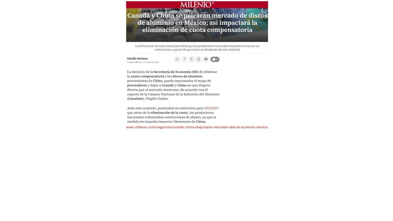 Eliminación de cuotas antiumping a las importaciones de discos de aluminio de China
