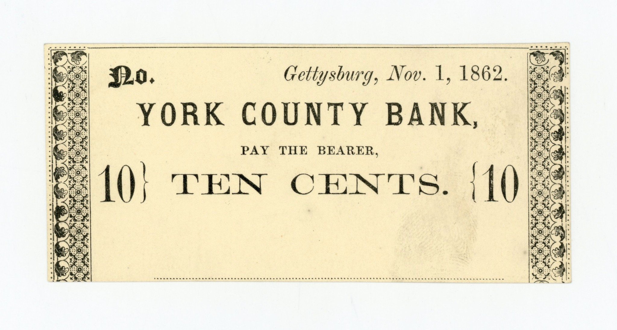 1862 10c Unknown Issuer - Gettysburg, PENNSYLVANIA Note at York Co. Bank Ch.AU