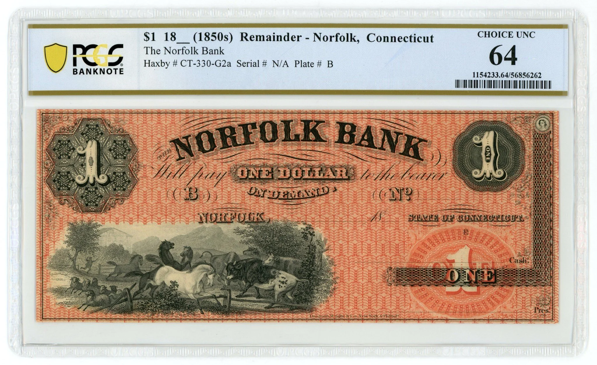 1800's $1 The Norfolk Bank - Norfolk, CONNECTICUT Note PCGS CU 64