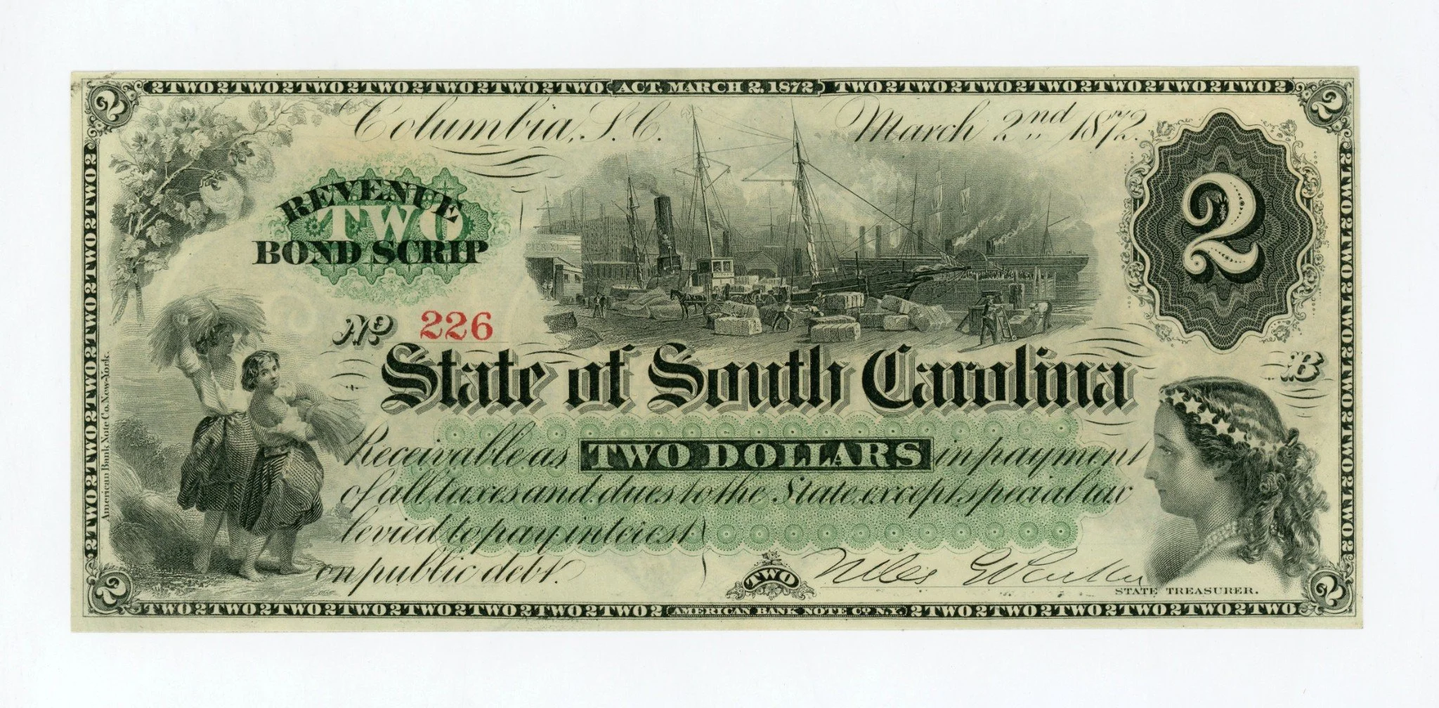 OLDMONEY4U — 1872 Cr.4 $2 The State of SOUTH CAROLINA Note AU