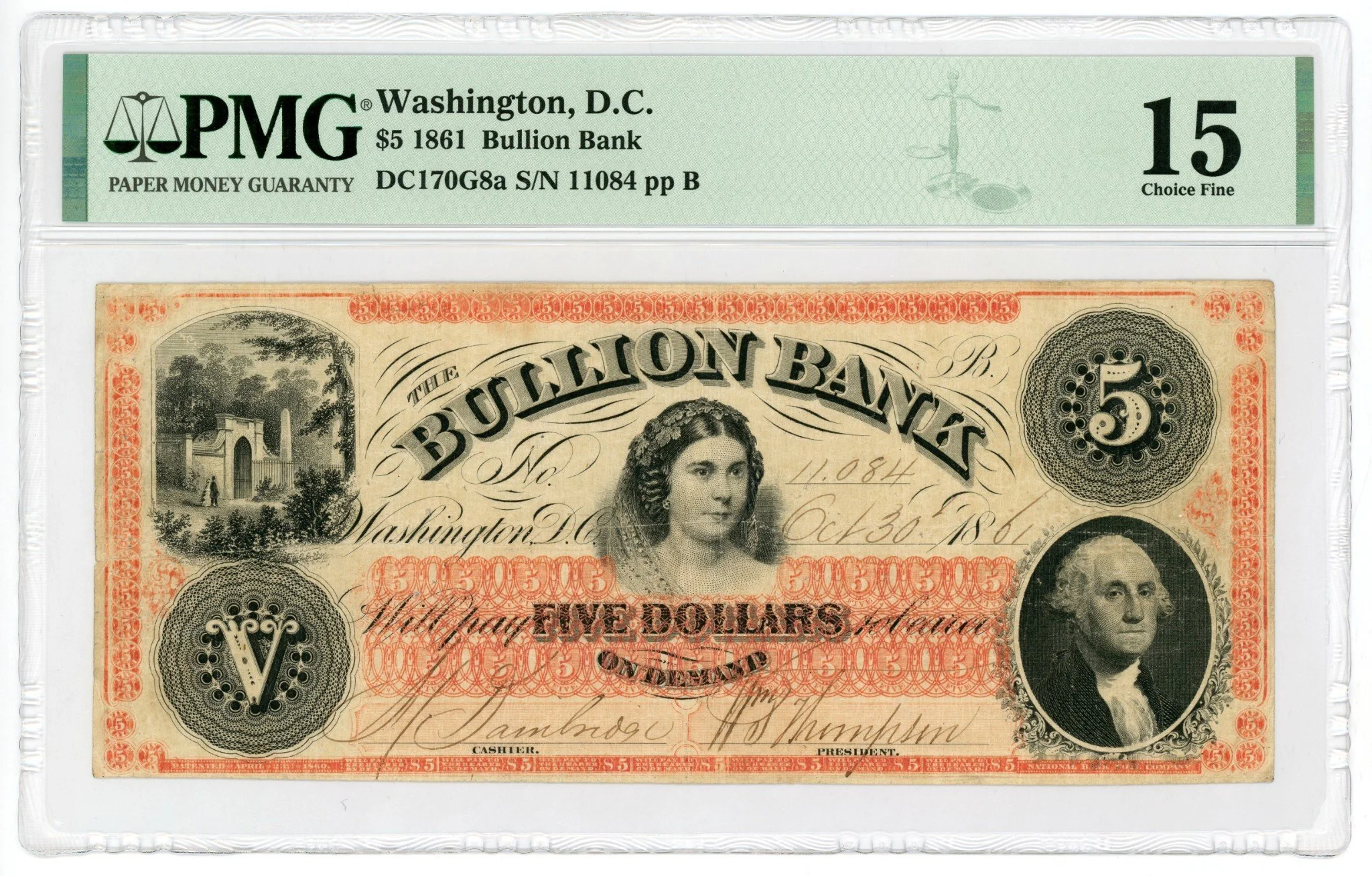 1861 $5 The Bullion Bank - Washington, D.C. Note PMG Fine 15