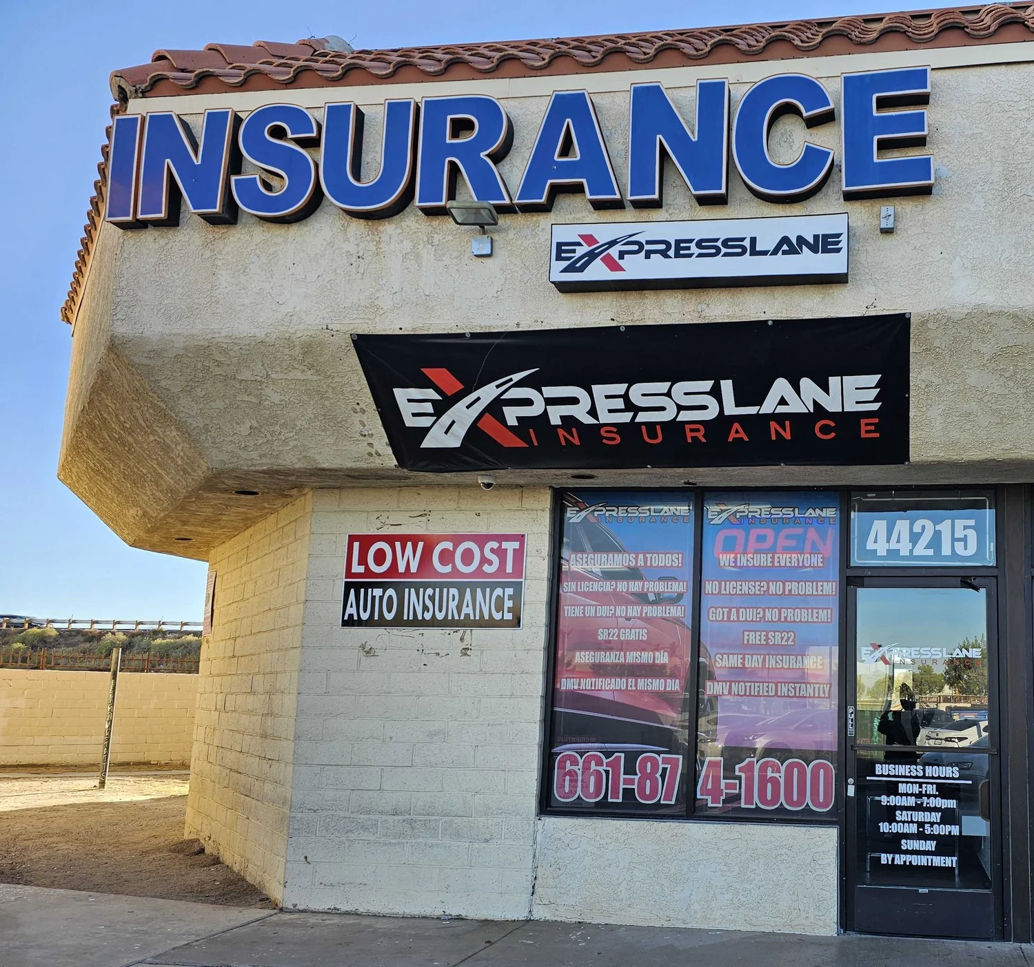 Express Lane Insurance office at 44215 20th St W in Lancaster, CA, across from Home Depot