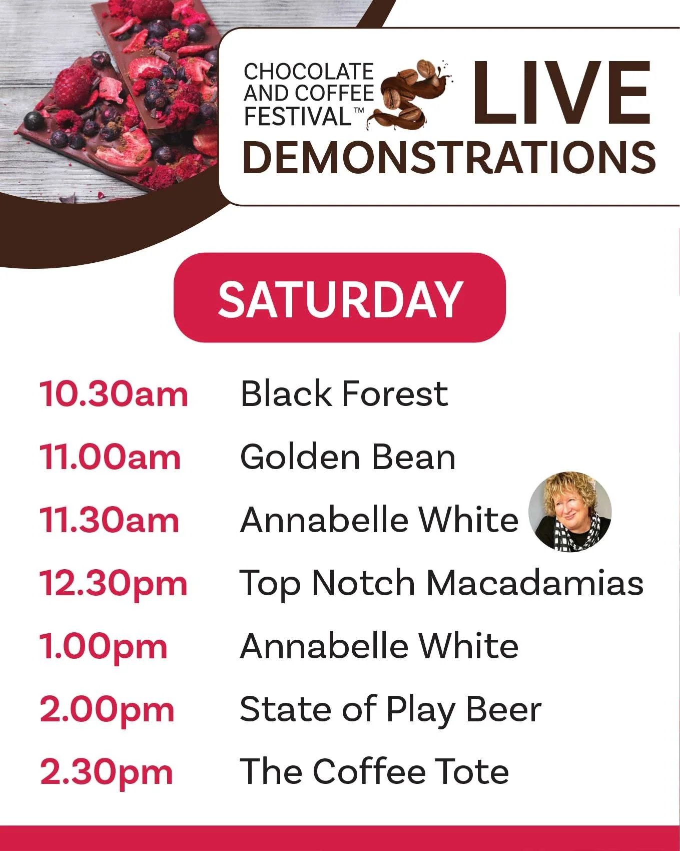 π€β¨ Live Demo Lineup = your weekend entertainment sorted!
π« From Top Notch Macadamias to Black Forest Kitchen,
β from Golden Bean to The Coffee Tote,
πΊ plus foodie fun with Annabelle White & State of Play Beer…
We’ve packed Satur