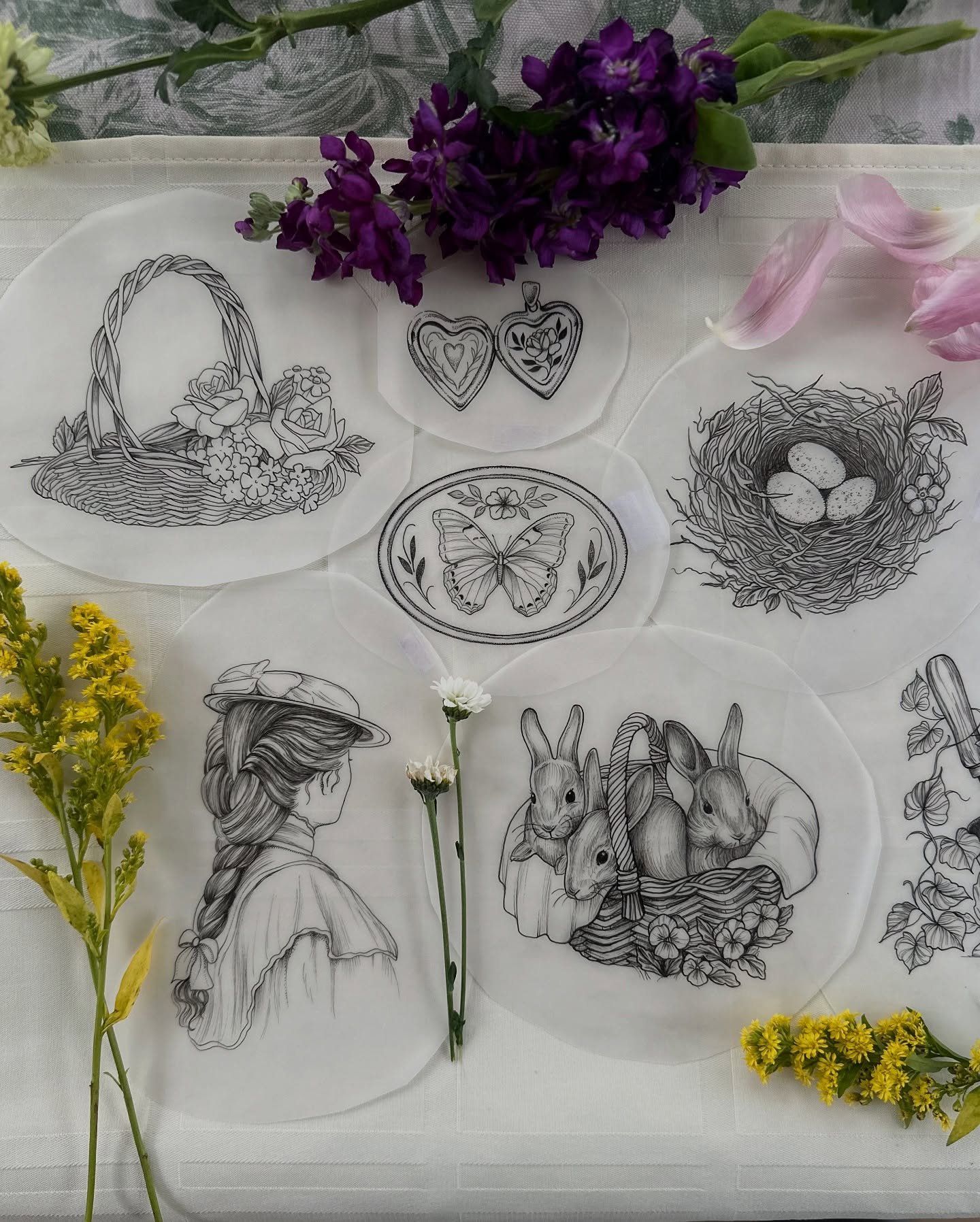 MY BOOKS ARE OPEN FOR MAY &amp; JUNE! I would really love to get to tattoo all of these pre-drawn pieces this booking cycle, especially the buns in the basket. 🧺 
I&rsquo;ll also be taking on custom projects as well but would love to focus on tattoo
