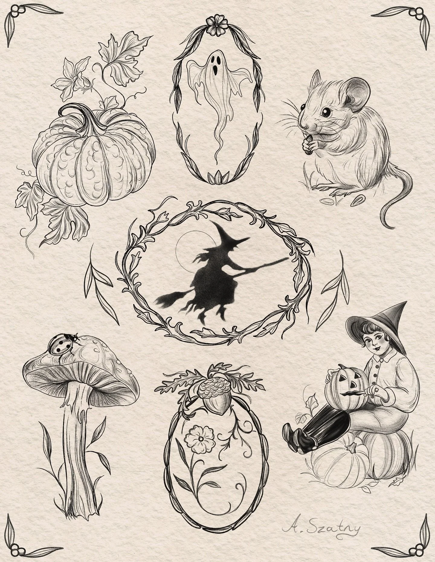 Happy Halloween!

I drew some cute fall designs to celebrate! I&rsquo;ll be tattooing these guys from 1pm-7pm today, and from 9am - 3pm tomorrow, November 1st. All designs are $200 and repeatable!

Starting today I am hosting a food drive at Kindred 