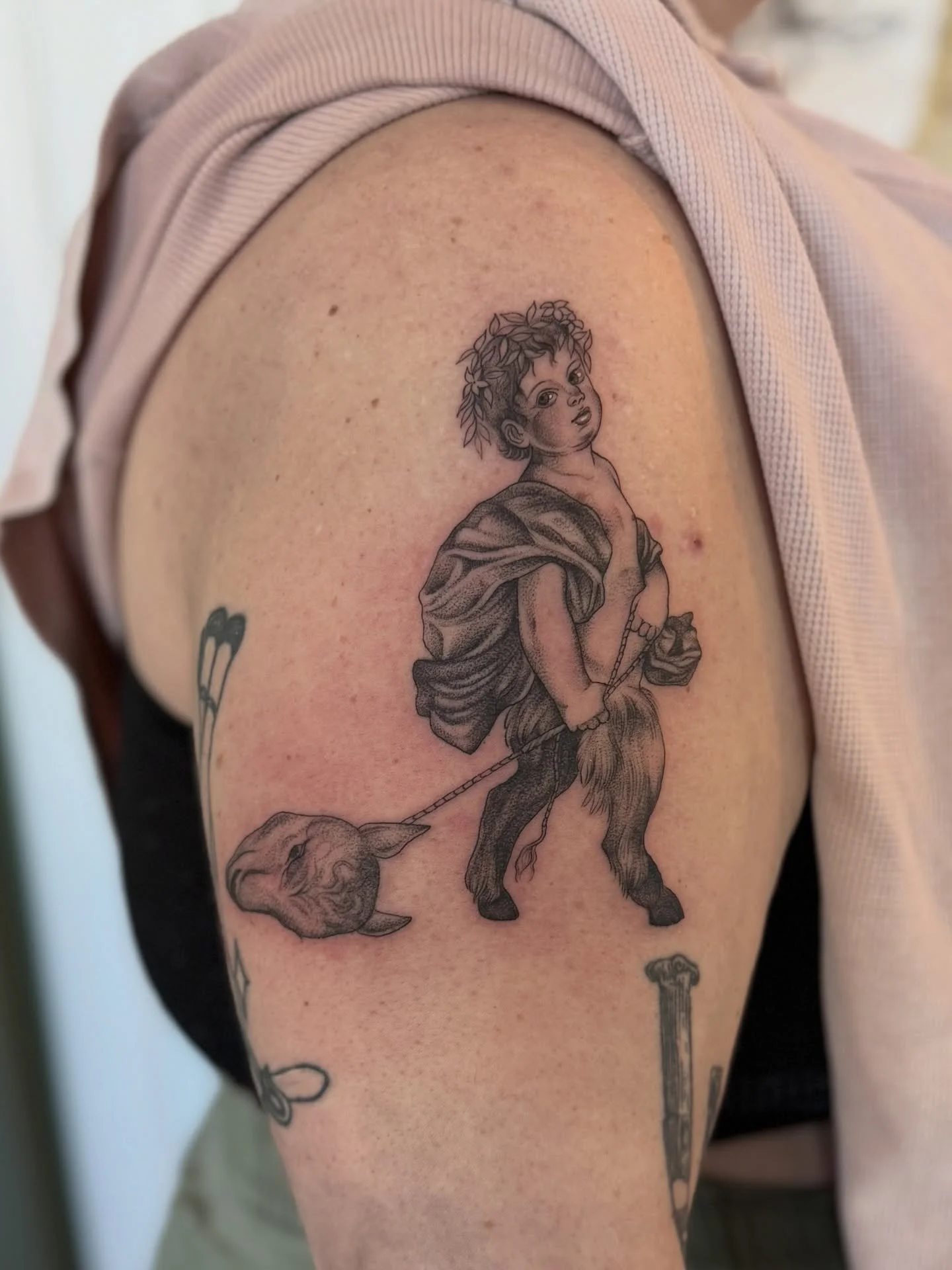 I had the best time tattooing this small but very symbolic part of Titian&rsquo;s Bacchus and Ariadne, and would really love to tattoo more from paintings like this. Thanks Katie!
