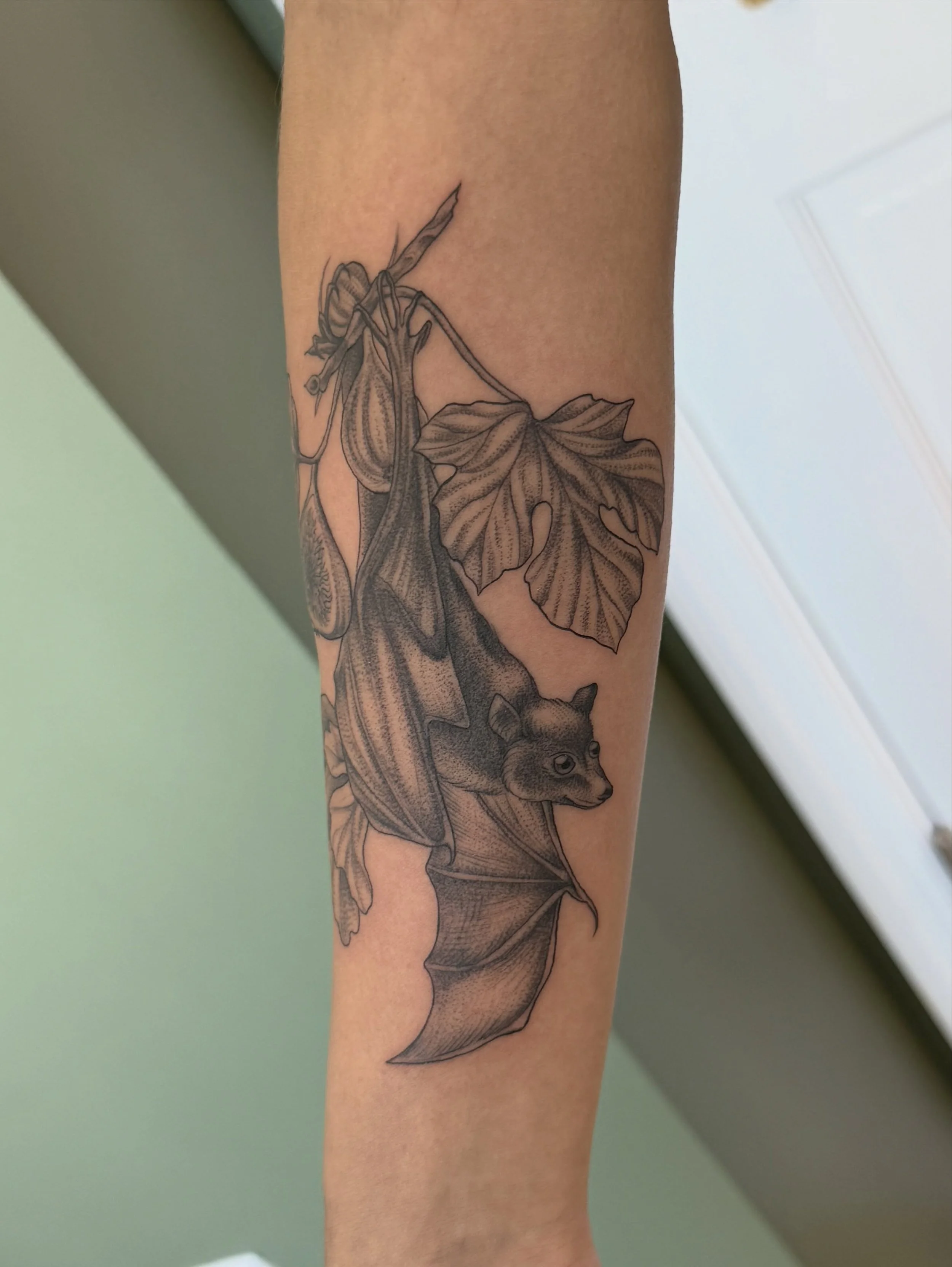 Had so much fun tattooing this fruit bat for Jess. I&rsquo;m definitely in a summerween state of mind!🦇