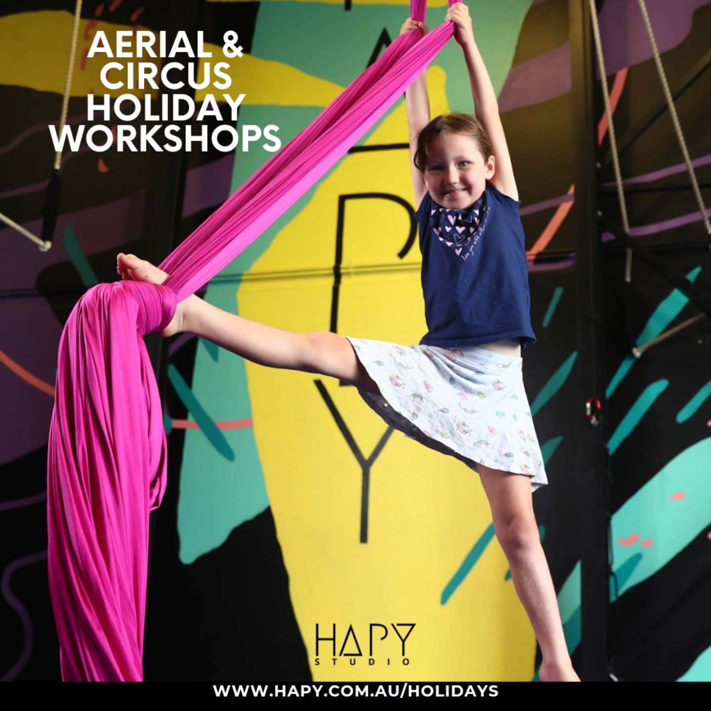 Kids Aerial &amp; Circus Holiday Workshops are booking now!

Dec 16,17
Jan 6-9,13-16

Our 3 hour workshops are filled with Aerial Silks, Aerial Hoop, Trapeze, Acrobatics and Circus Skills.

Suitable for ages 5-17

Our workshops are capped at 28 per d