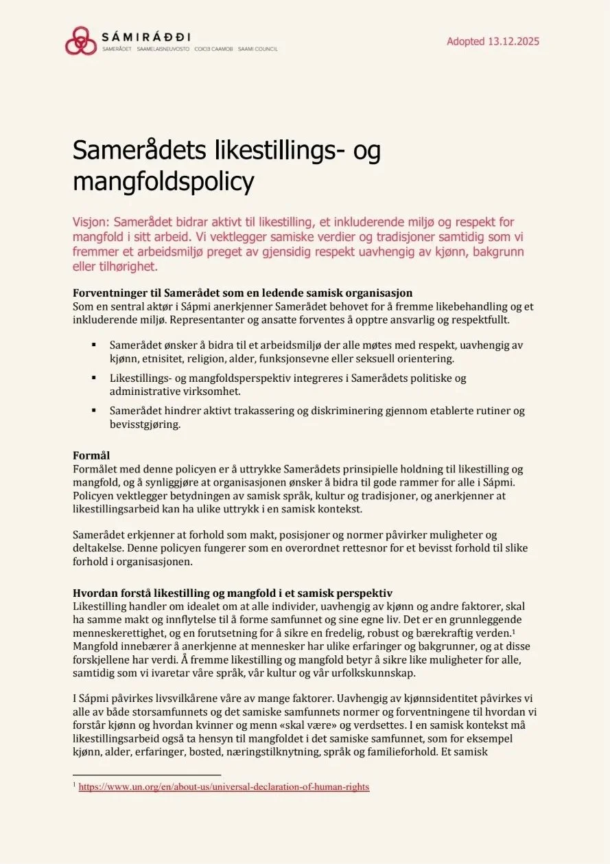 Samerådets likestillings-og mangfoldspolicy