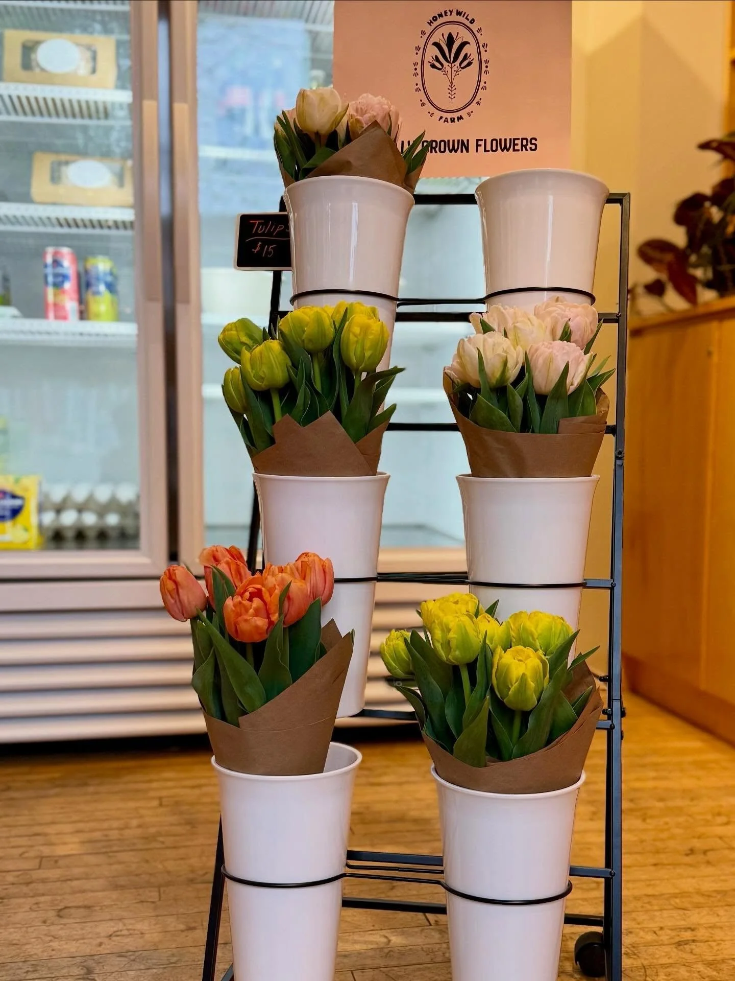 Fresh local flowers and a grab and go fridge are the two newest additions at cafe Tenby as we gradually shift from cafe to market. Flowers offered by Honey Wild. We wish Yasmin all the best in her new endeavor. Her product is amazing. And in our frid