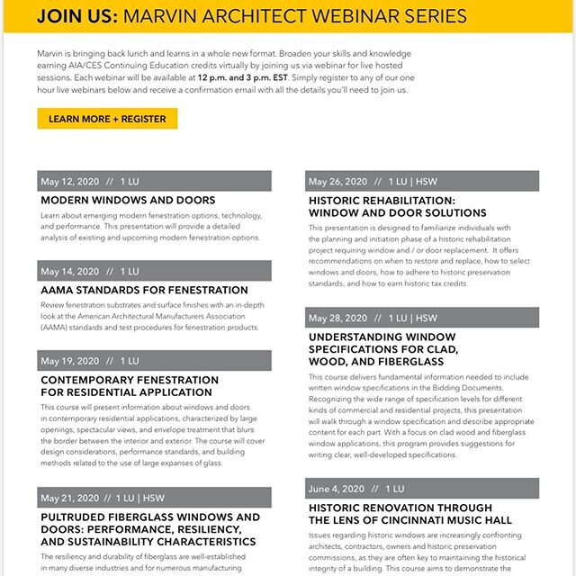 @themarvinbrand is offering CE credits for architects through online webinars. Looking to register, reach out to us and we can help.