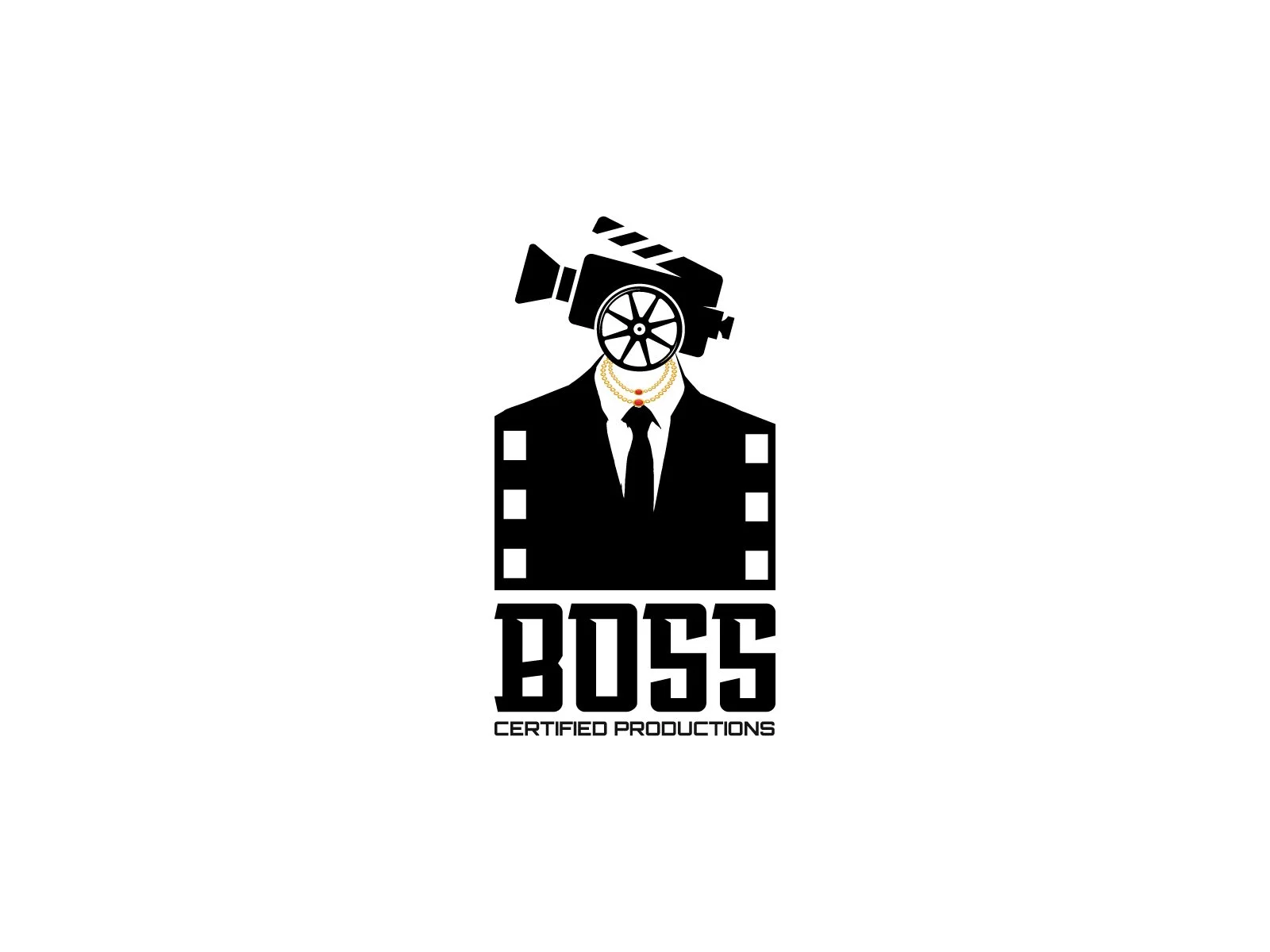 Logo featuring a stylized silhouette of a person in a suit with a film strip outline, a camera for a head, and wearing jewelry, with the text 'BOSS CERTIFIED PRODUCTIONS' underneath.