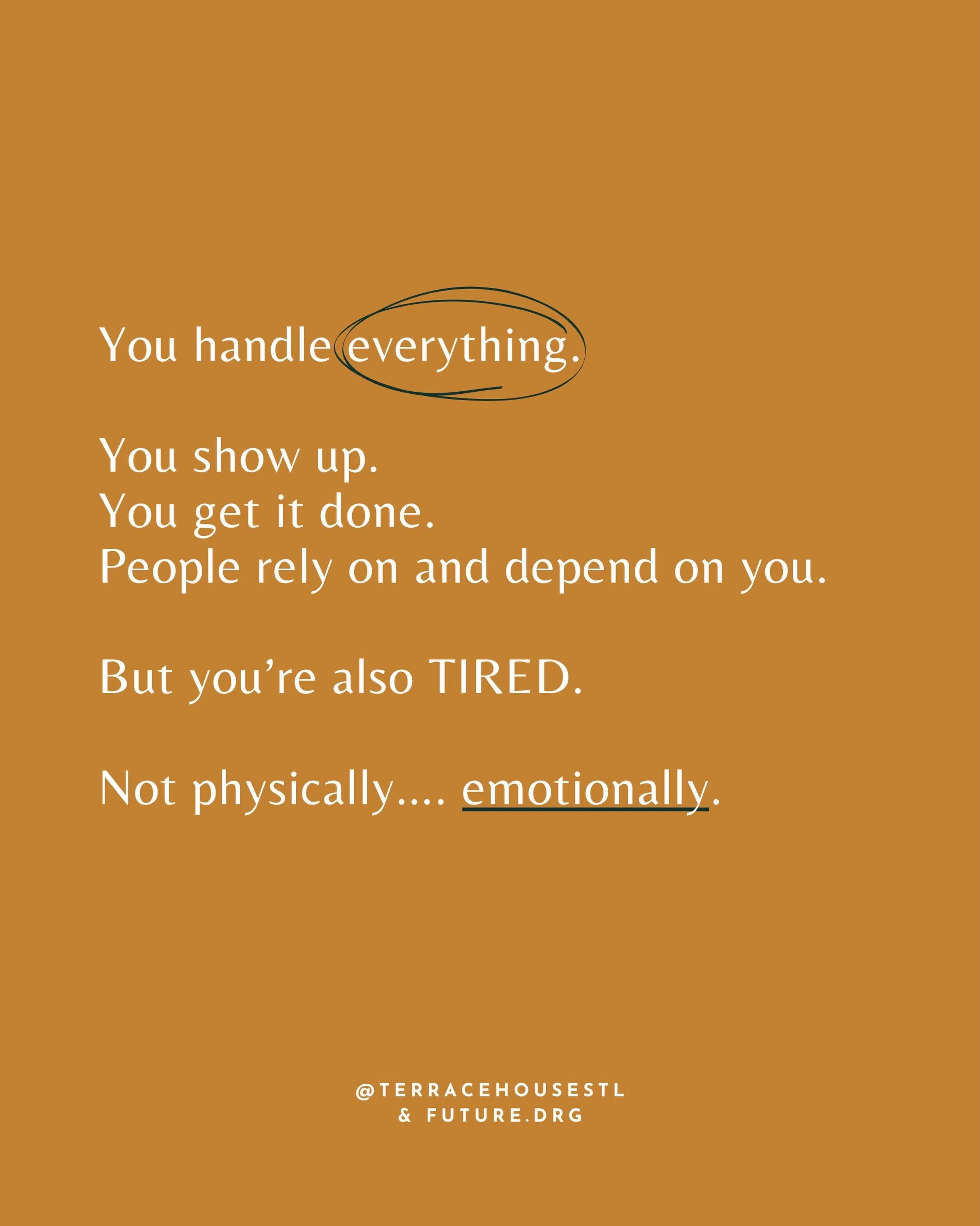 Being the &ldquo;strong one&rdquo; looks good on the outside.

But a lot of times it means you don&rsquo;t ask for help, you carry *it* all alone, and people assume you&rsquo;re okay.&nbsp;

You can be capable AND overwhelmed. Both can be true.

- Am