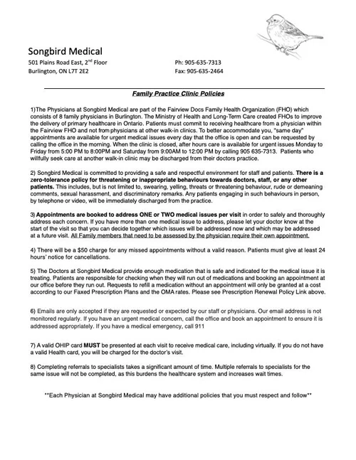 Office Policies — Songbird Medical