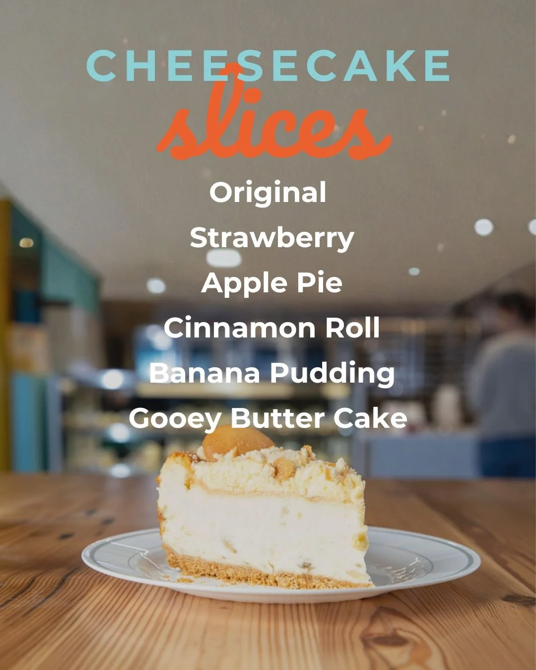 Bring on the sweaters and the cheesecake.🧁
Our November flavors are full of cozy fall vibes. 🍁

Petites:
🍌 Banana Pudding
🍪 Chocolate Chip
⚪️ Cranberry White Chocolate
🧁 Original
🥧 Pecan Pie
🥔 Sweet Potato Pie

Slices:
🍰 Original
🍓 Strawberr