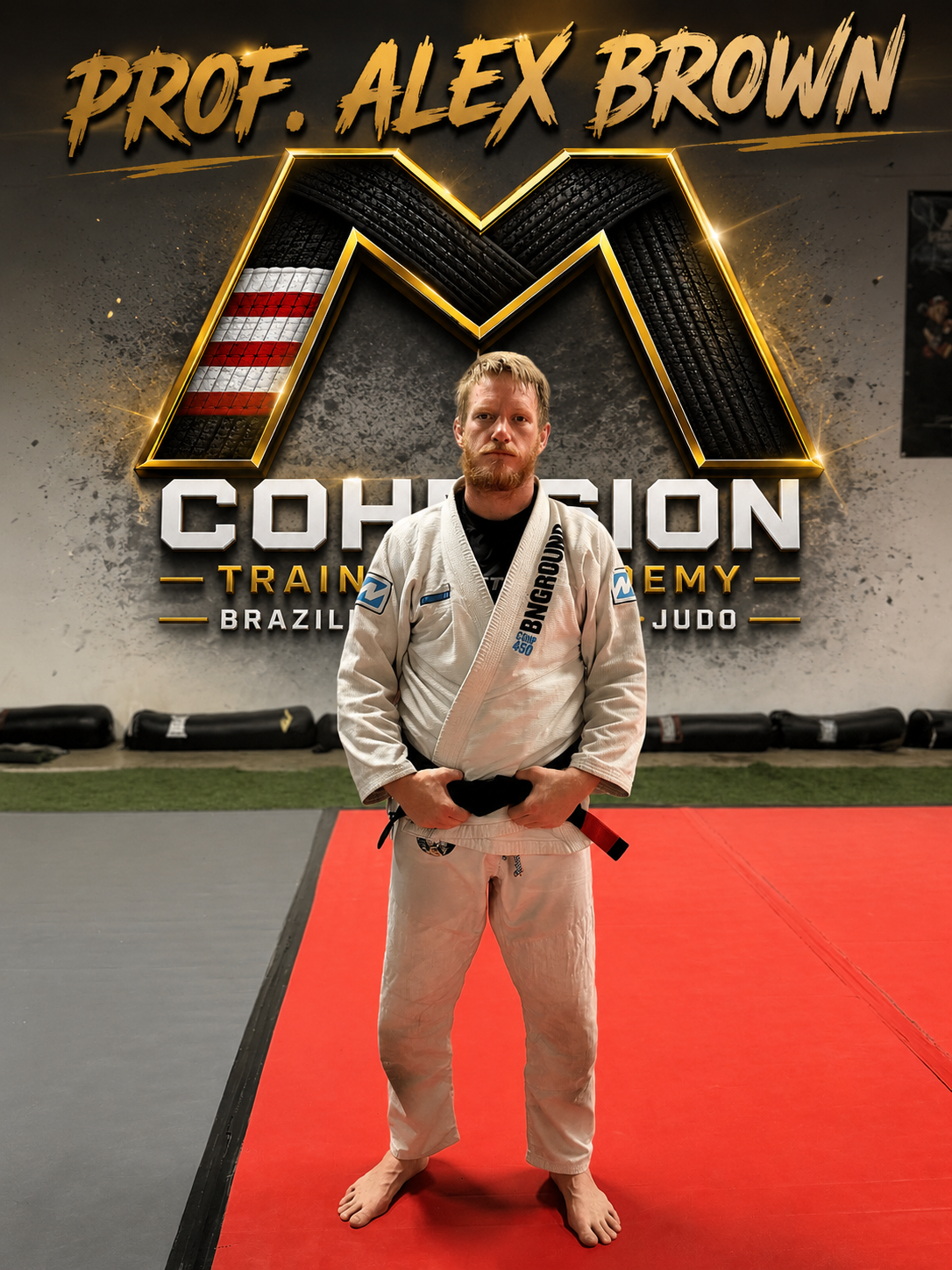 A man with a red beard and short hair in a black Brazilian Jiu-Jitsu gi with white stitching and patches, standing in front of a black textured wall with a logo and the words 'Cohesion BJJ Academy'. The man is holding his purple belt with both hands, and there is a graphic label displaying the name 'Alex Brown' at the bottom of the image.