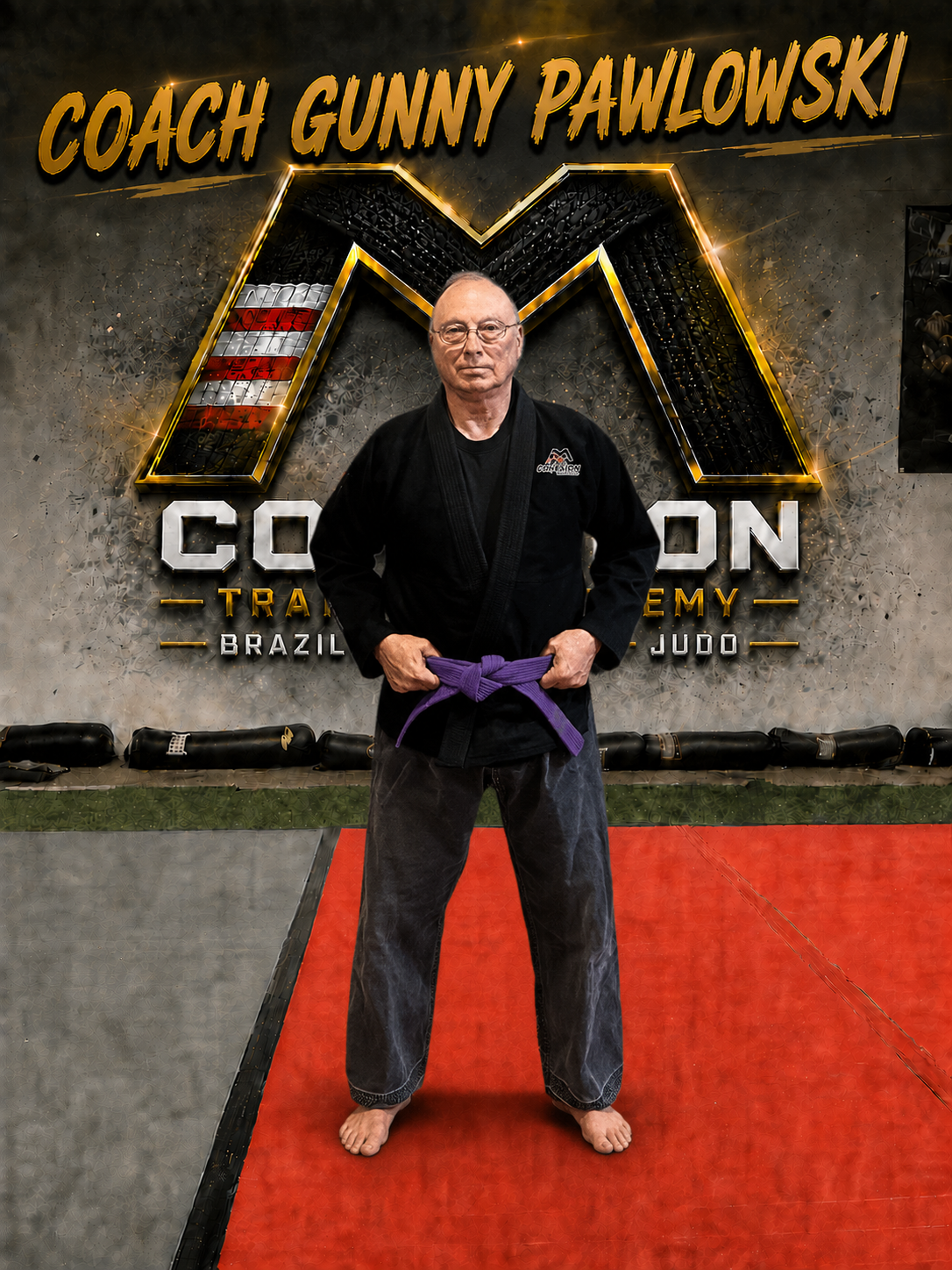A man in a Brazilian Jiu-Jitsu gi standing in front of a black wall with the logo of a martial arts academy. He is holding a blue belt around his waist, and his name, 'Gunny Pawlowski,' is displayed on a graphic banner at the bottom.