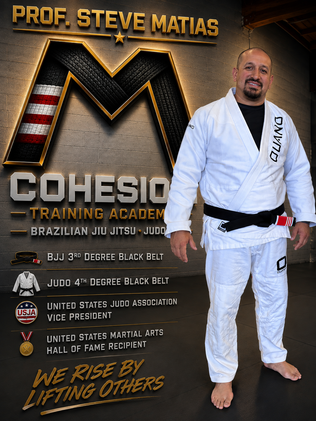A man wearing a white Brazilian Jiu-Jitsu gi standing in front of a black and white background with branding for CoHesion Martial Arts Academy. His hands are on his hips. The name Steven Matias is displayed at the bottom in bold black letters on a white and red banner.