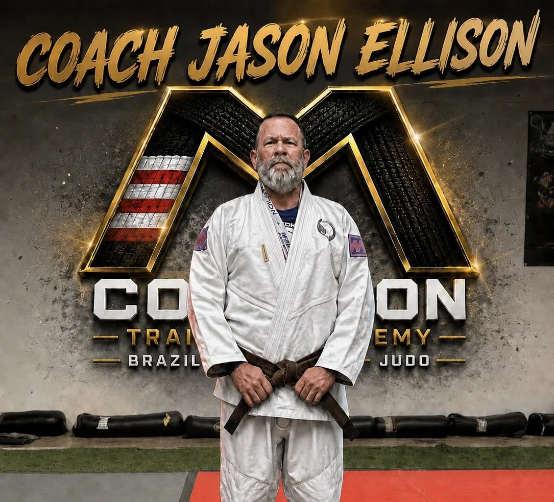 A man dressed in a Brazilian Jiu-Jitsu gi, standing in front of a branded background with the name "Jason Ellison" displayed.