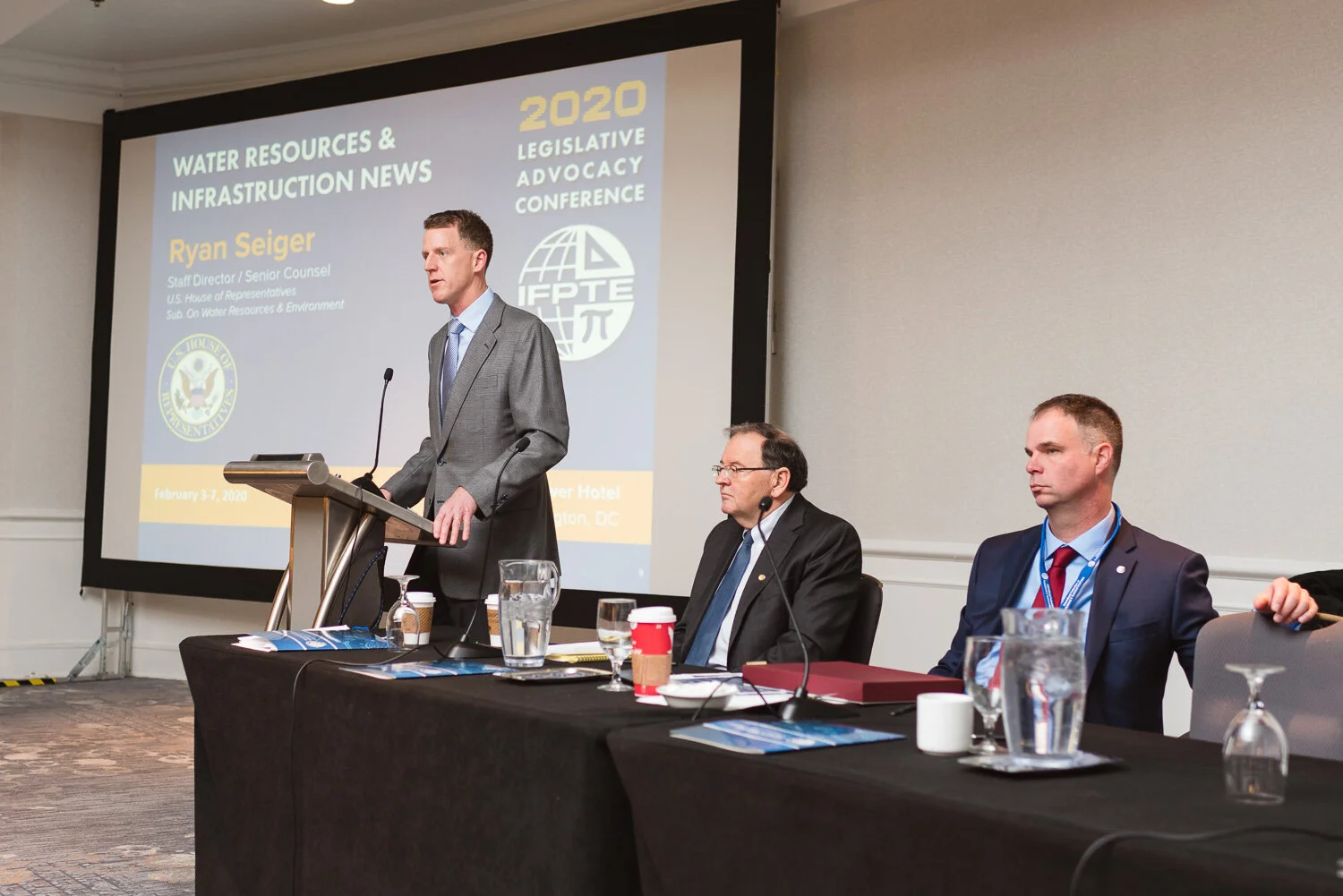  Guest speaker, Ryan Seiger, Senior Counsel for the U.S. House of Representatives on Water Resources and Environment,  speaking on infrastructure policies and news. 