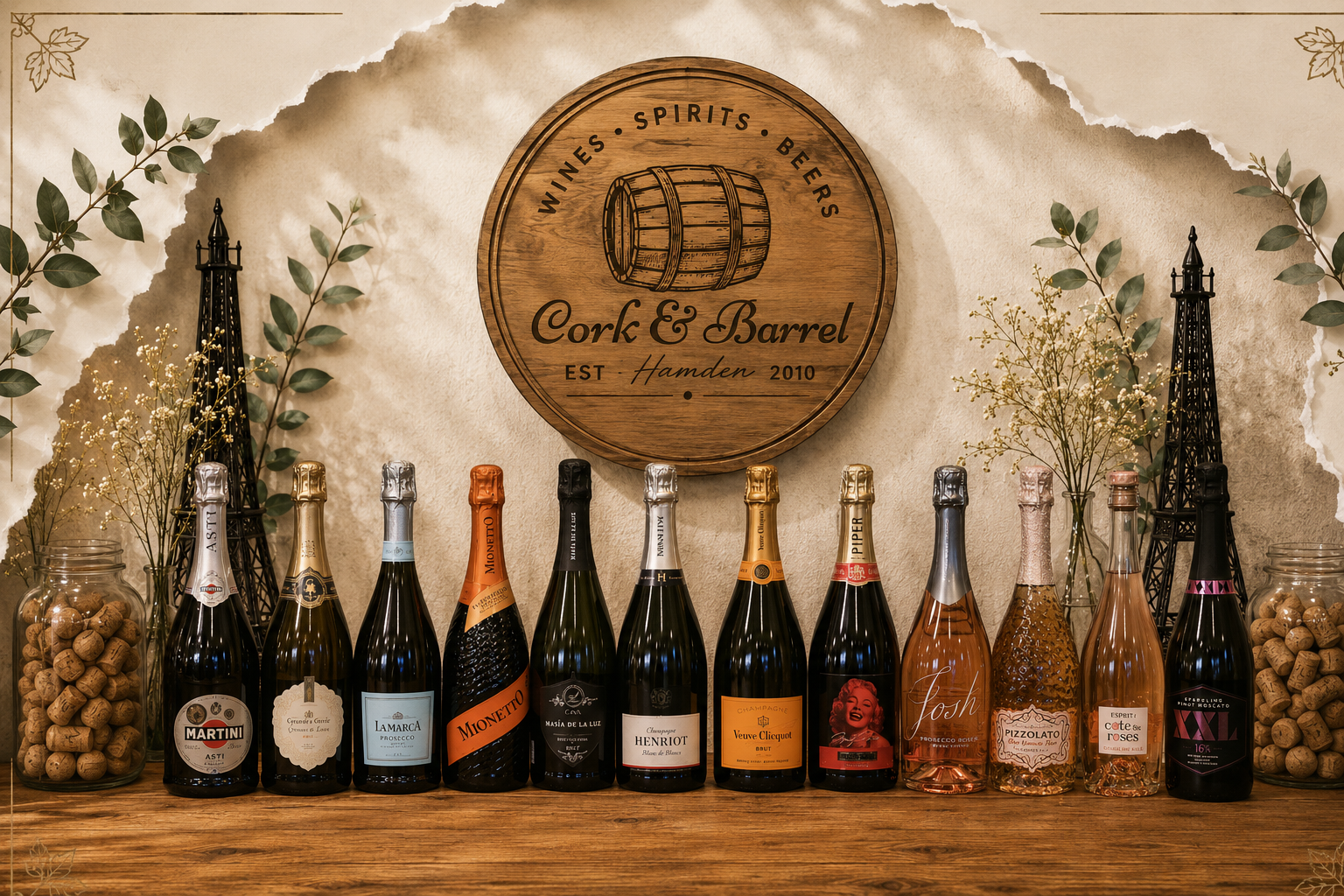 Curated sparkling wine and Champagne bottle display at Cork & Barrel Hamden featuring Prosecco, Champagne, rosé bubbles and other celebratory selections.