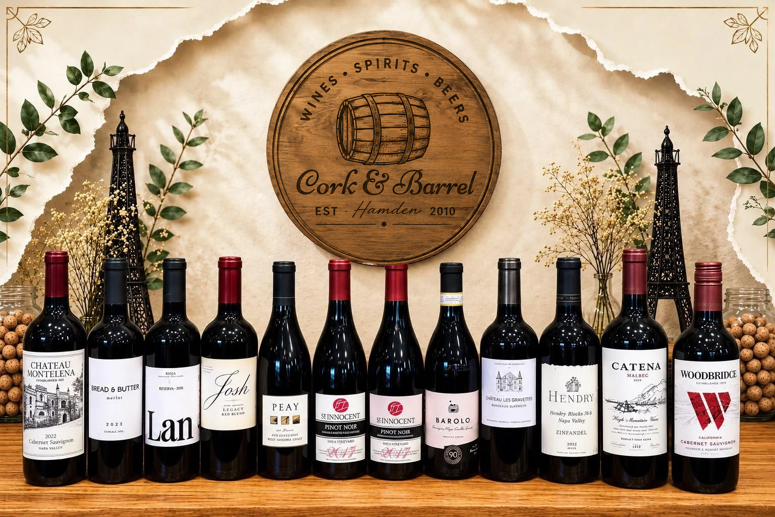 Curated red wine bottle display at Cork & Barrel Hamden with Cabernet Sauvignon, Pinot Noir, Malbec, Merlot and other red wine selections.