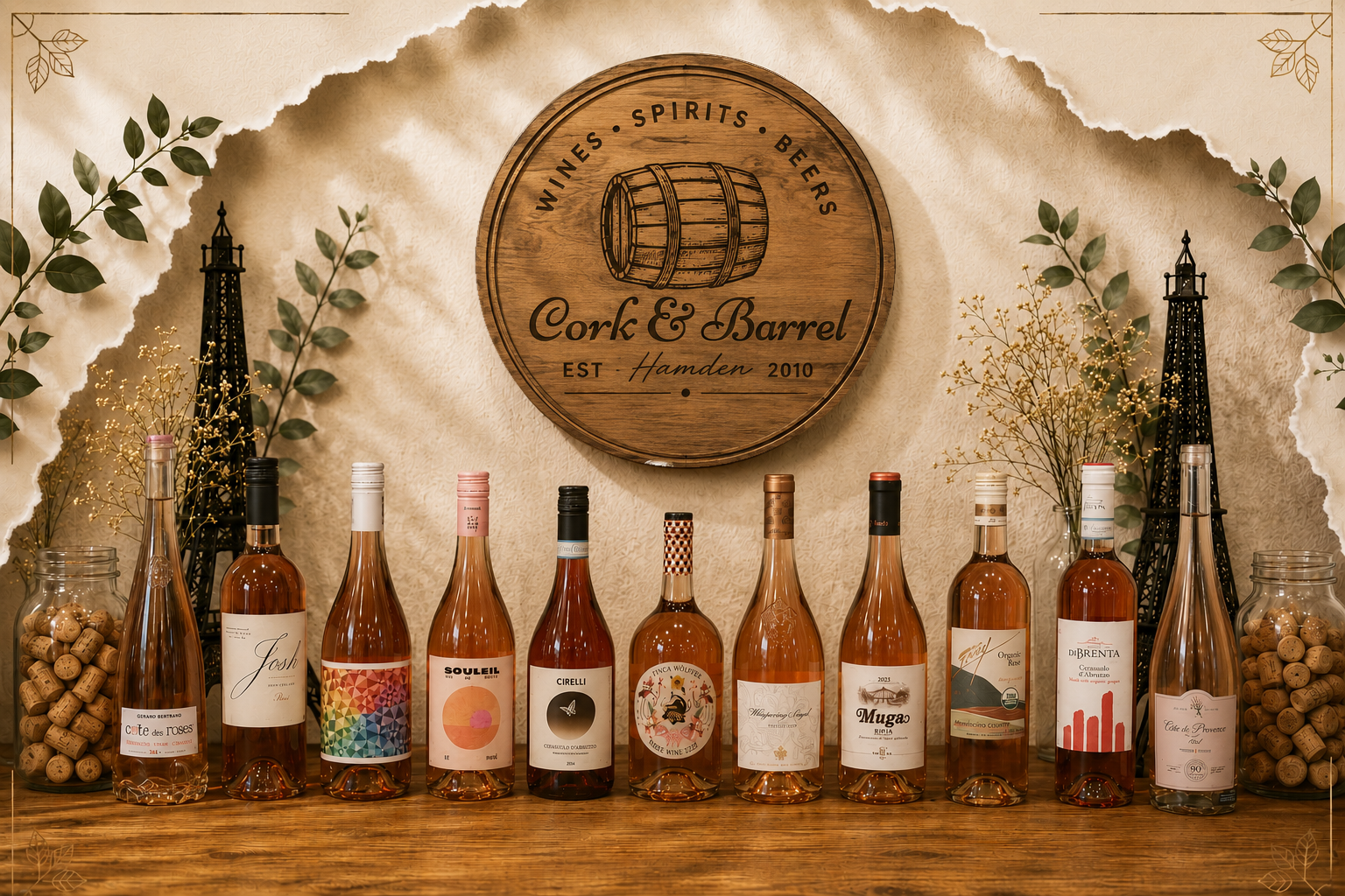 Curated rosé wine bottle display at Cork & Barrel Hamden featuring elegant rosé selections in a warm wine shop setting.