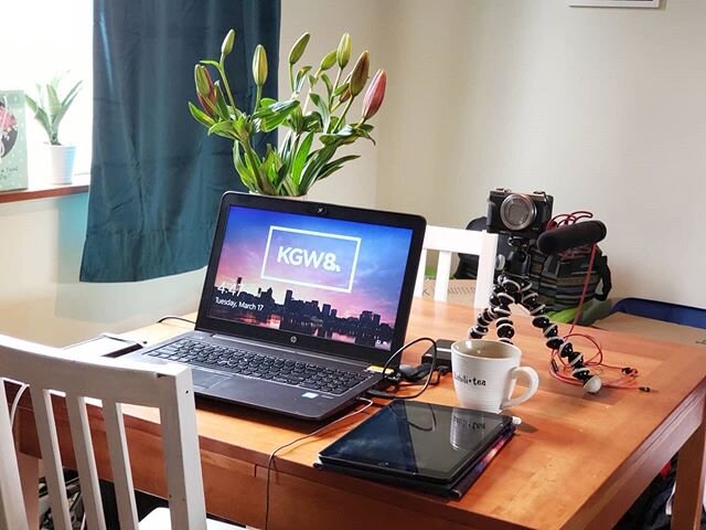 What does your &quot;office&quot; look like right now? This is mine. It's my kitchen table, plus my video gear and some @oregonflowers to make it prettier! I'm working from home right now, which I never thought was possible for my job at @kgwnews. Ar