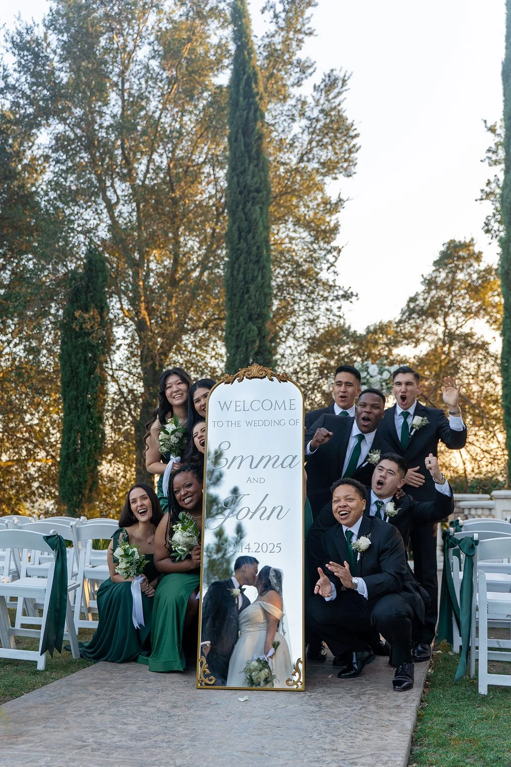 Wedding party cheers for the bride and groom while taking Vellano Estate wedding photos