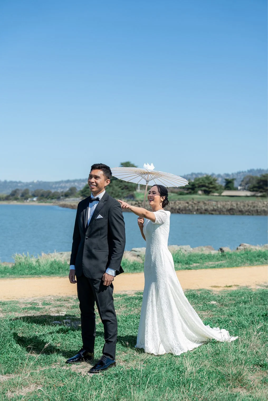 Bride and groom have their first look during Bay Area wedding photos