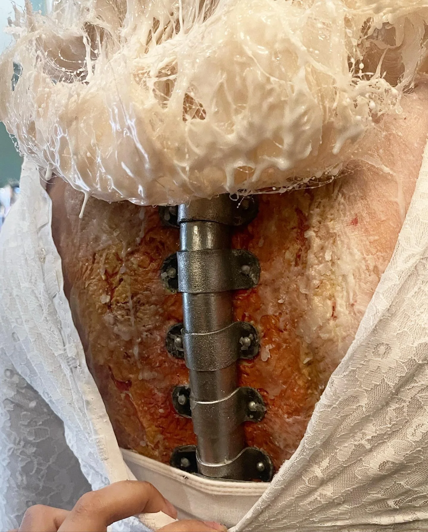 A look at the metal rod I got to fabricate for the back piece I helped @veniesa_sfx apply on @andi_norris for &lsquo;A Wax Girl&rsquo; directed by @stimsonsnead . @crust_e_gremlin helped run these back pieces.