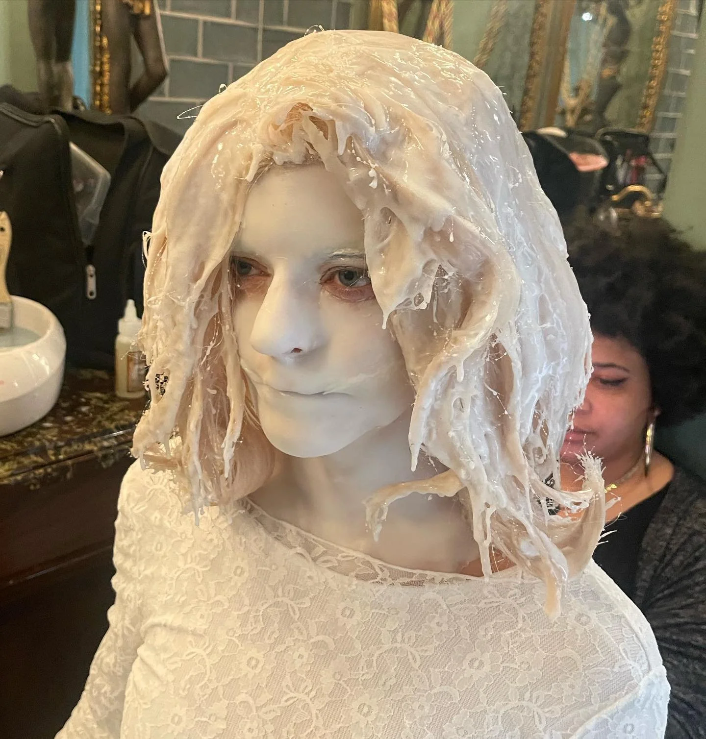 Thanks to @veniesa_sfx for having me help mold and apply these fun silicone prosthetics on @andi_norris who is aaamazing  to apply on! I got to make the wig and back metal pipe I&rsquo;ll post separately! @jarettfajardo made the drawings in the backg