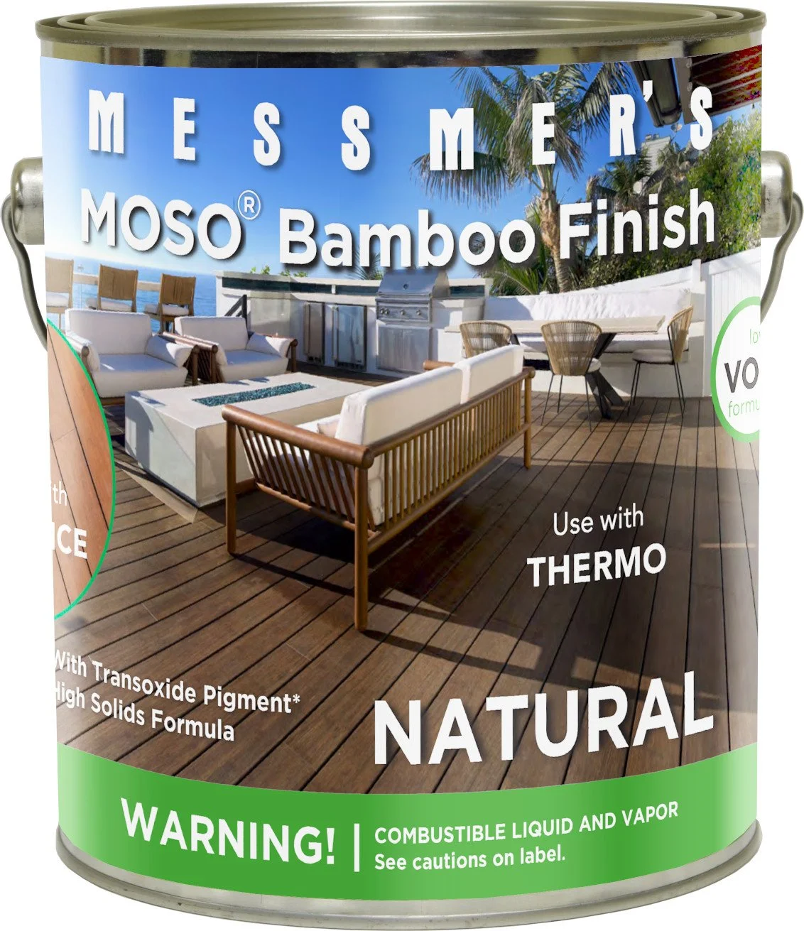 Can of Messmer's MOSO bamboo finish showing a patio with outdoor furniture, a barbecue grill, and palm trees in the background.