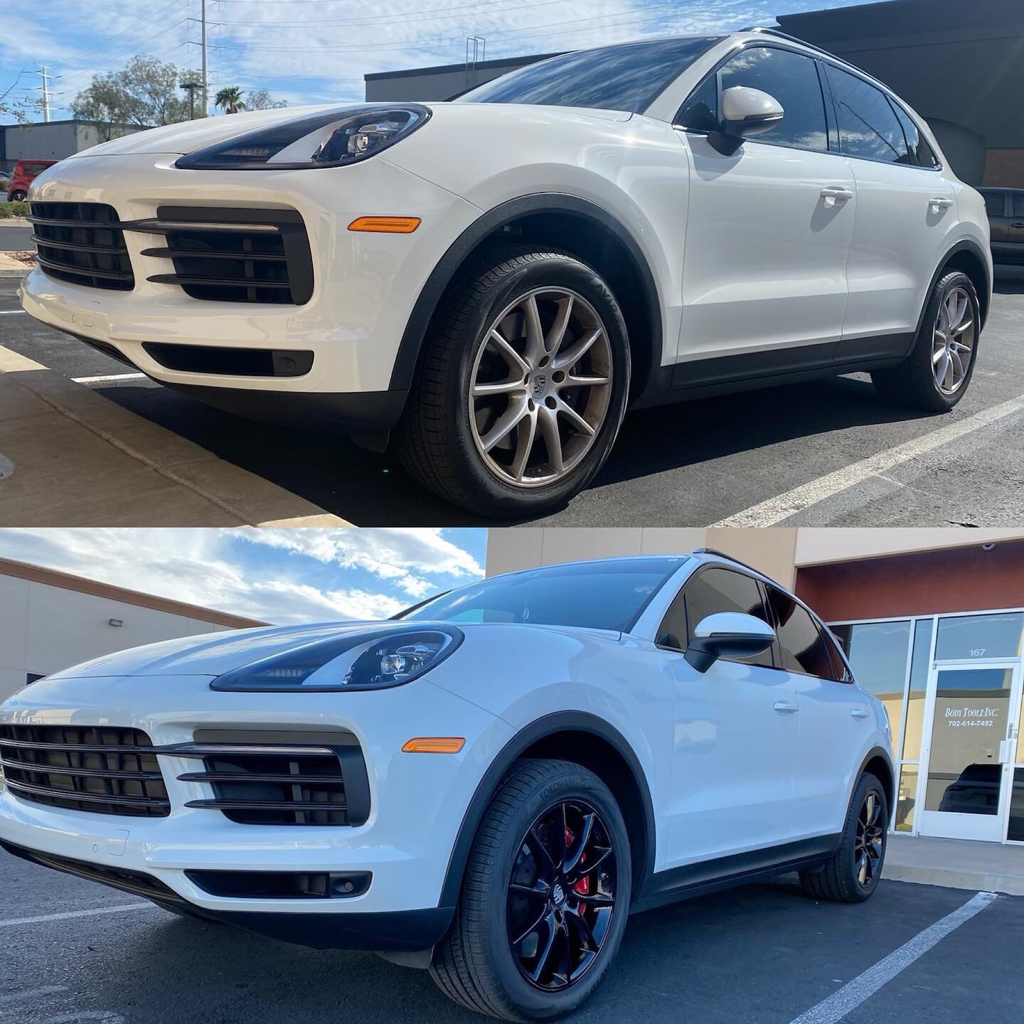 Before ⬇️ After
Powder coated wheels gloss black + painted calipers red on this Porsche 👀🔥