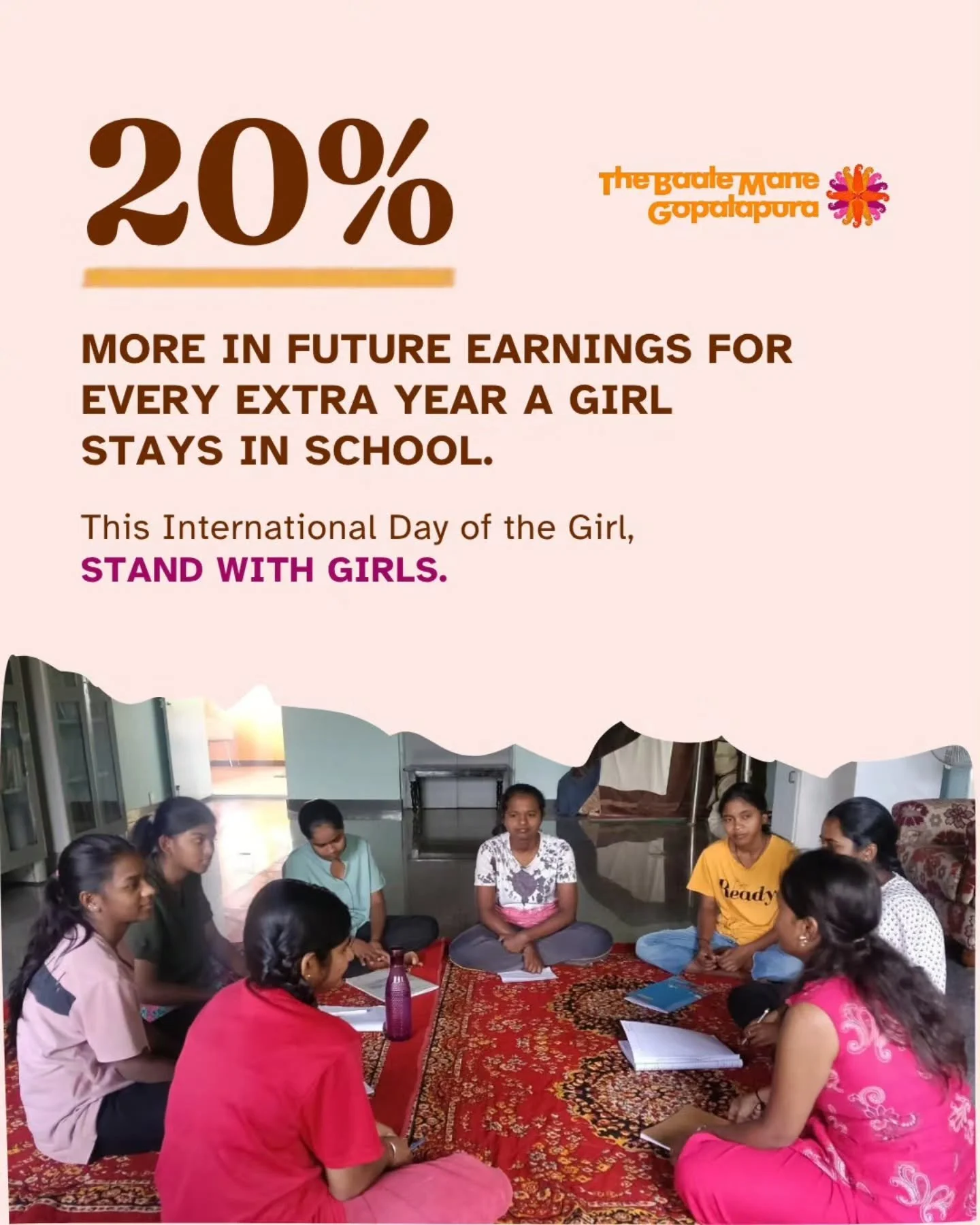 We've shared this number before. It's worth sharing again. Every extra year a girl stays in school can raise her future earnings by up to 20%, according to UNICEF's investment case. That's why Baale Mane starts with a safe home, then school, extra le