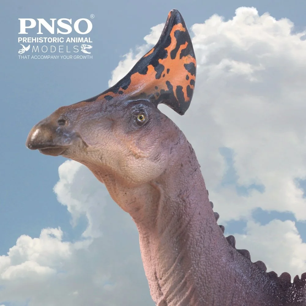 Close-up of PNSO 53 Ivan the Olorotitan showing its fan-shaped crest and curved neck.