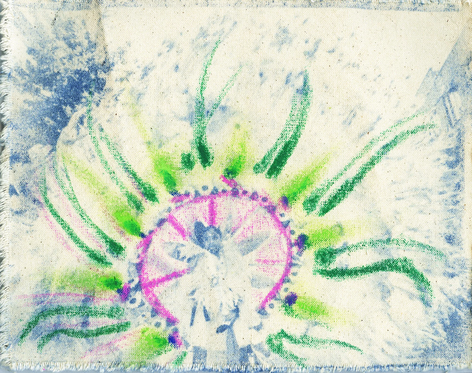 "Masquerader" 2023, 5” by 7” , Cyanotype Print on Canvas with Pastels and makeup
