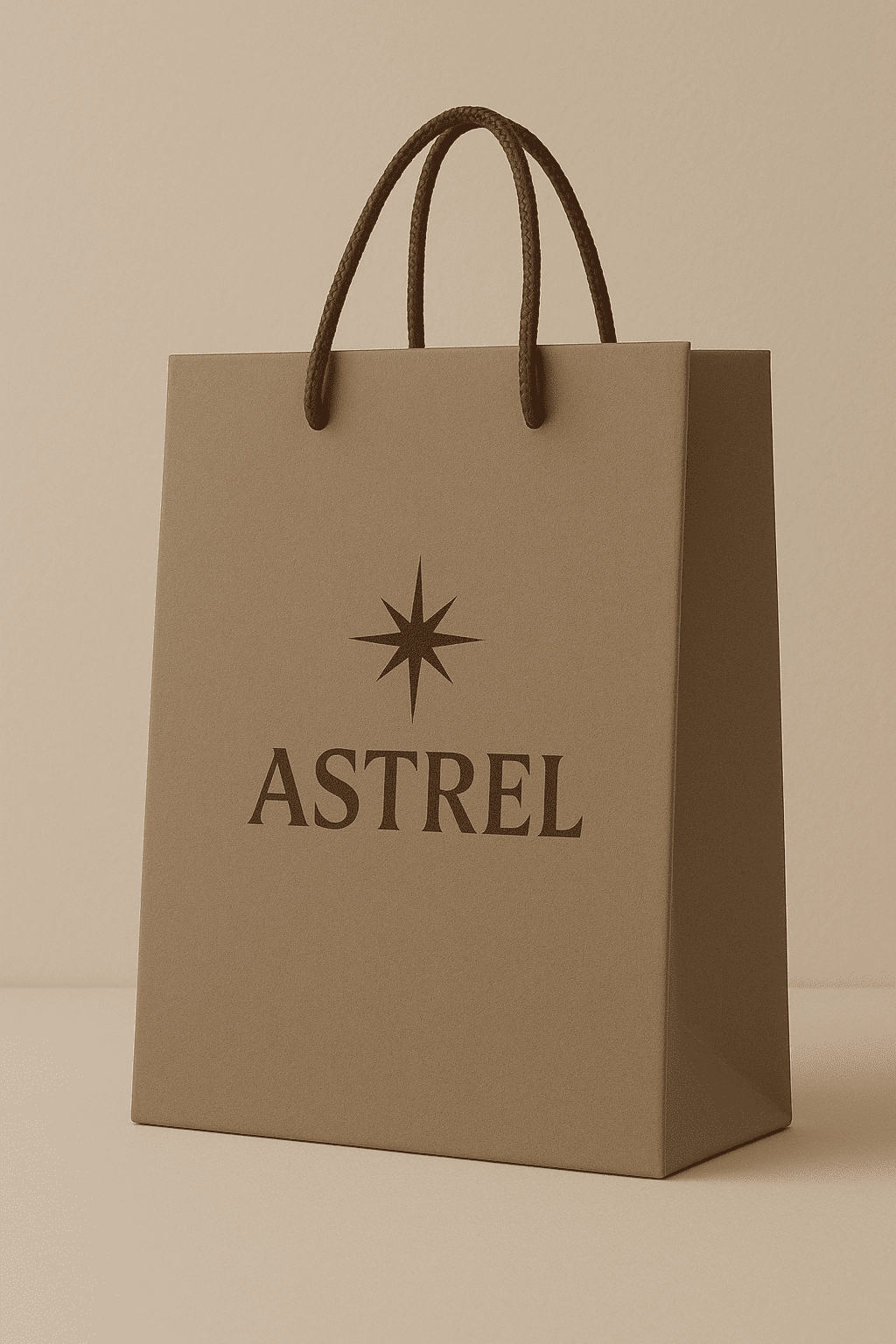 Logo Astrel généré par IA mis en situation sur un sac en kraft.