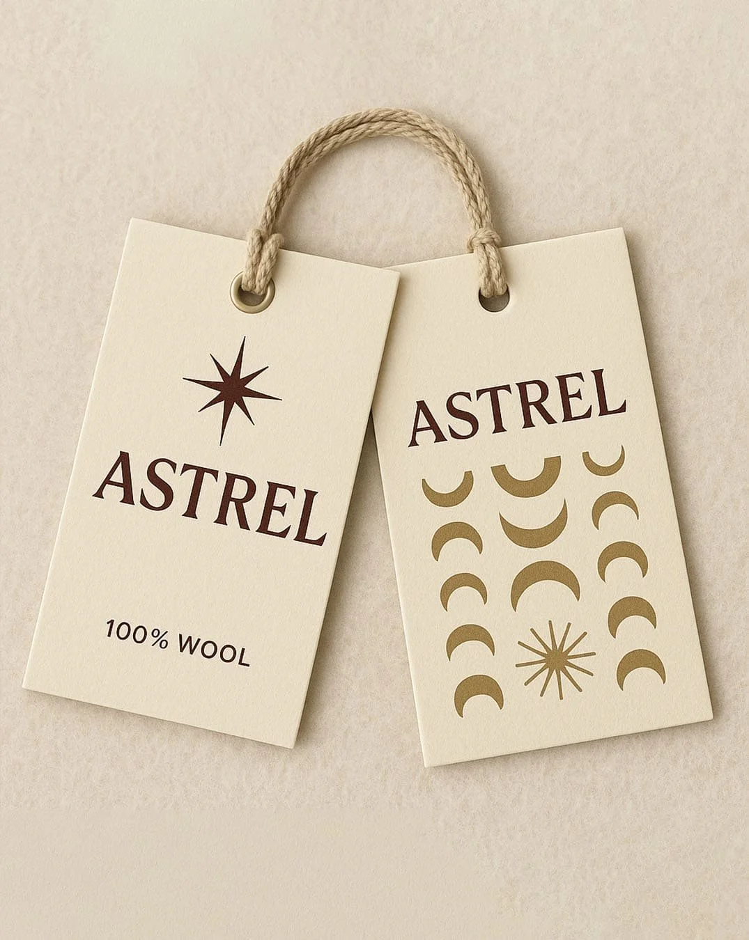 Étiquettes Astrel générées par l’IA : on y voit le logo avec l’étoile à huit branches, et des icones qui représentent des lunes.