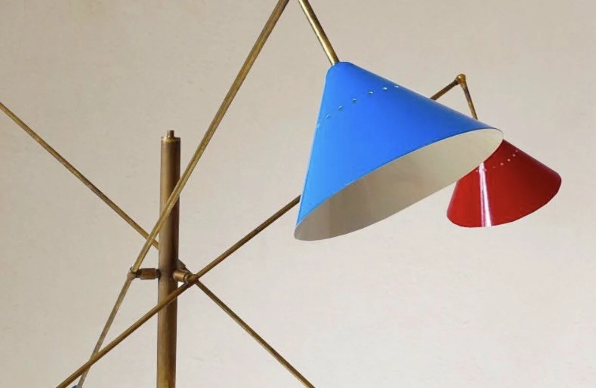 Italian Mid-Century Style Three Arms Floor Lamp White 4431 blue shade