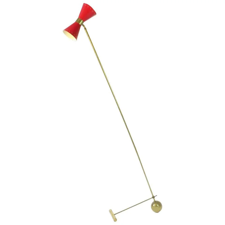 Italian Mid Century Style Floor Lamp Brass frame Red Shade | main