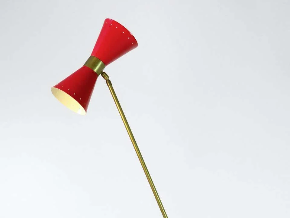 Italian Mid Century Style Floor Lamp Brass frame Red Shade | interior shade