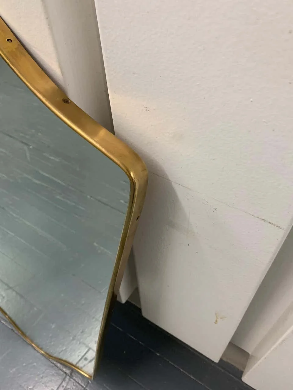 Italian Mid Century Brass Frame Mirror Shield 4461 | corner view
