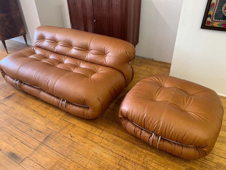 Vintage Soriana Sofa and Ottoman in cognac leather | Tobia Scarpa Soriana Sofa